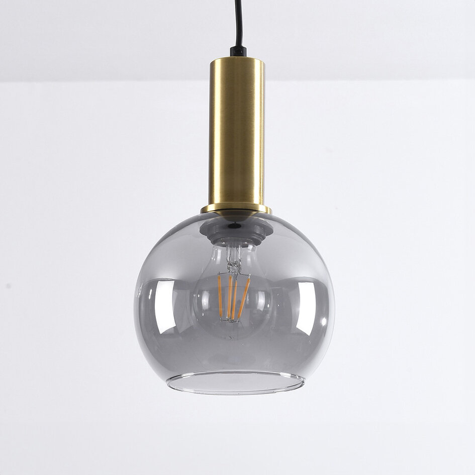 Pendellampa Inara - rökfärgat glas och guld, rund skärm