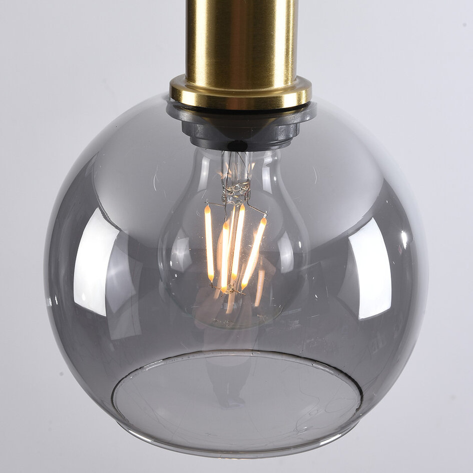 Pendellampa Inara - rökfärgat glas och guld, rund skärm