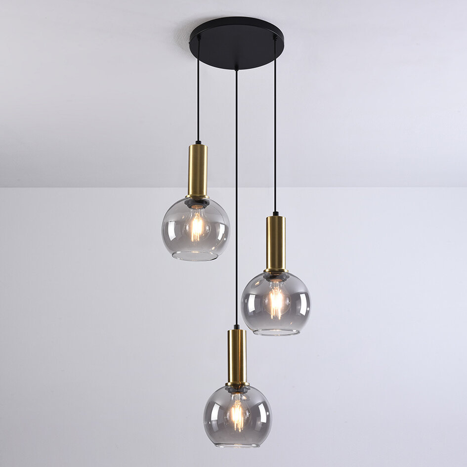 Pendellampa Imme med tre lampor - rökfärgat glas och guld