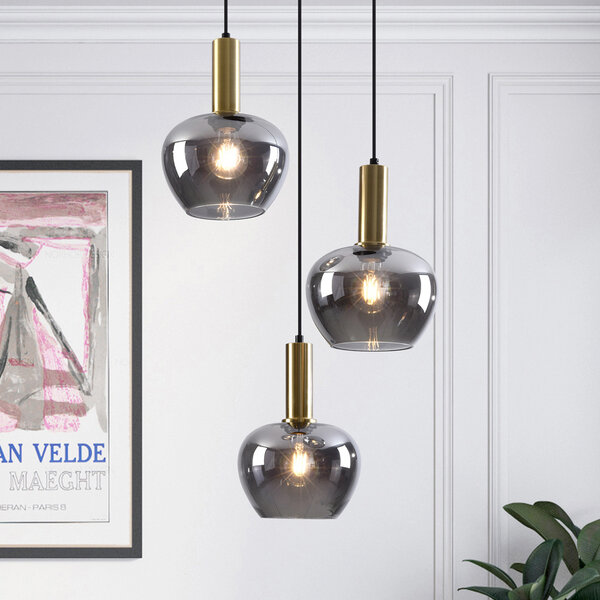 Modern taklampa Ismay med rökfärgat glas, 3-ljus - guld