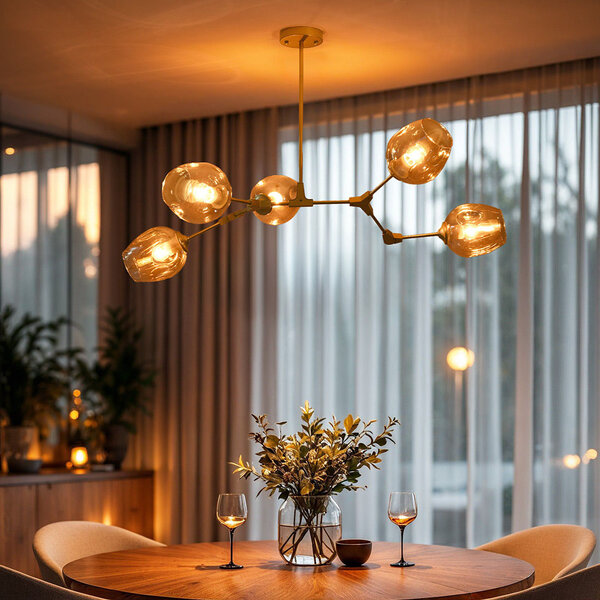 Pendellampa Thelma med fem lampor - amberfärgat glas och guld