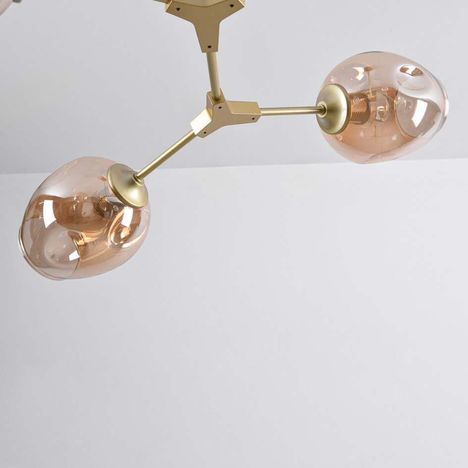 Pendellampa Thelma med fem lampor - amberfärgat glas och guld