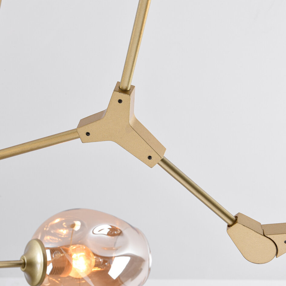 Pendellampa Thelma med fem lampor - amberfärgat glas och guld