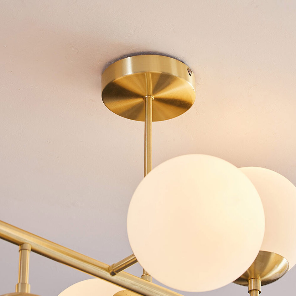 Taklampa Osem med åtta lampor - mjölkvitt glas och guld, avlång