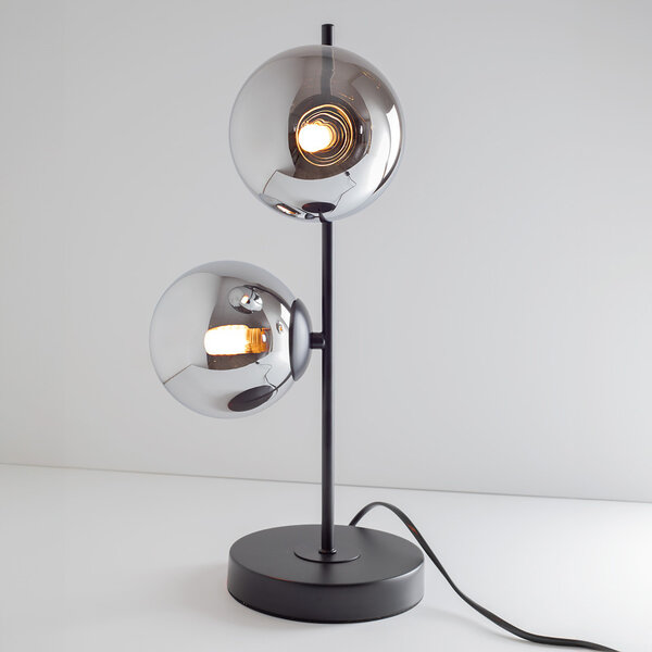 Bordslampa Ethan med två lampor - svart och rökfärgat glas med spegeleffekt