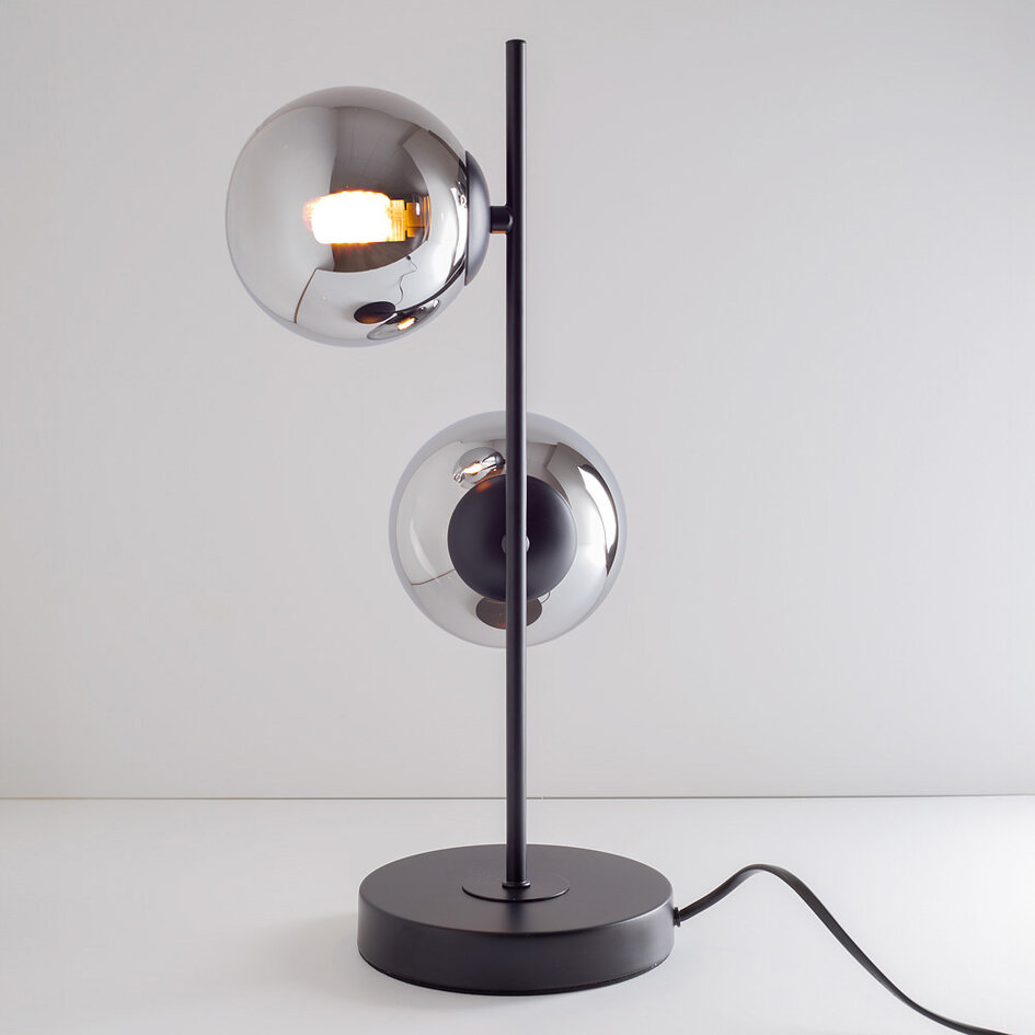 Bordslampa Ethan med två lampor - svart och rökfärgat glas med spegeleffekt