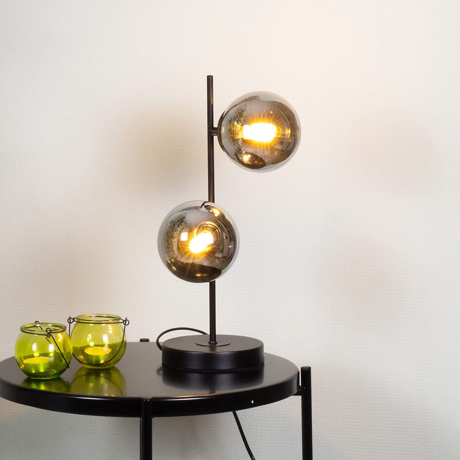 Bordslampa Ethan med två lampor - svart och rökfärgat glas med spegeleffekt