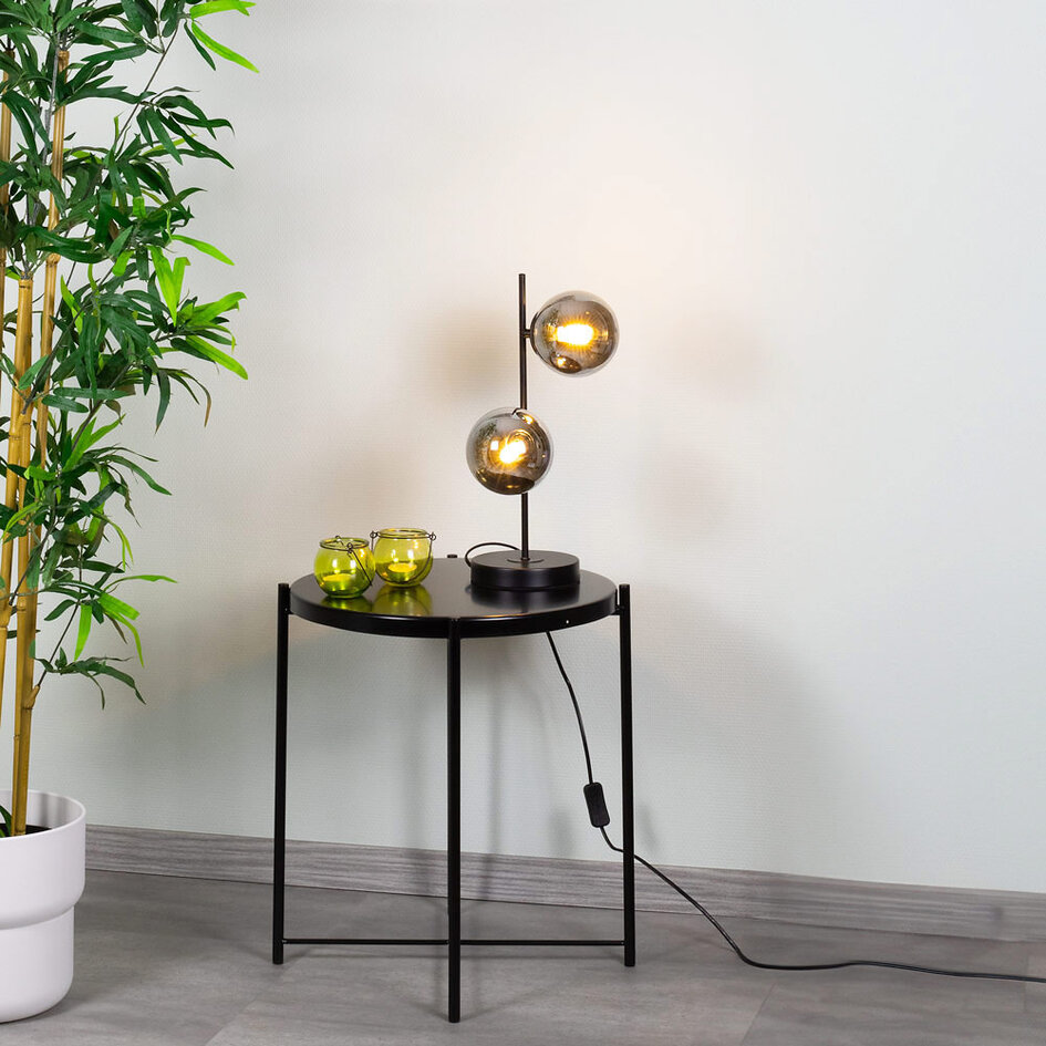 Bordslampa Ethan med två lampor - svart och rökfärgat glas med spegeleffekt