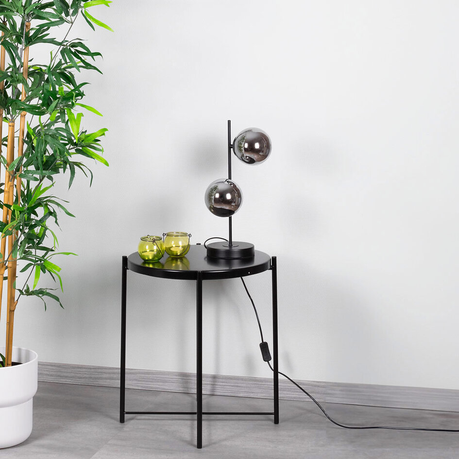Bordslampa Ethan med två lampor - svart och rökfärgat glas med spegeleffekt