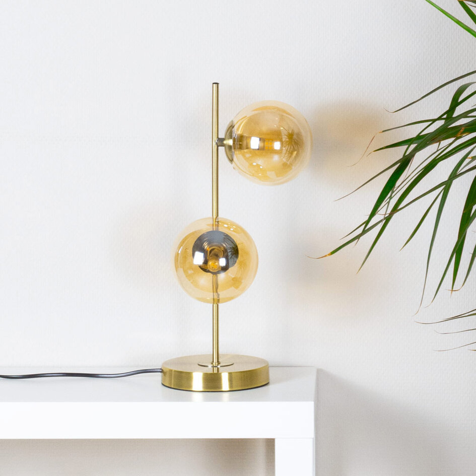 Bordslampa Ethan med två lampor - brons med amberfärgat glas