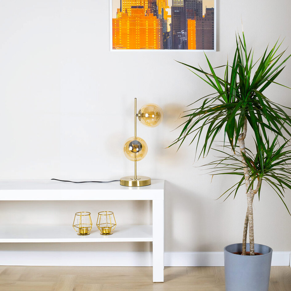 Bordslampa Ethan med två lampor - brons med amberfärgat glas