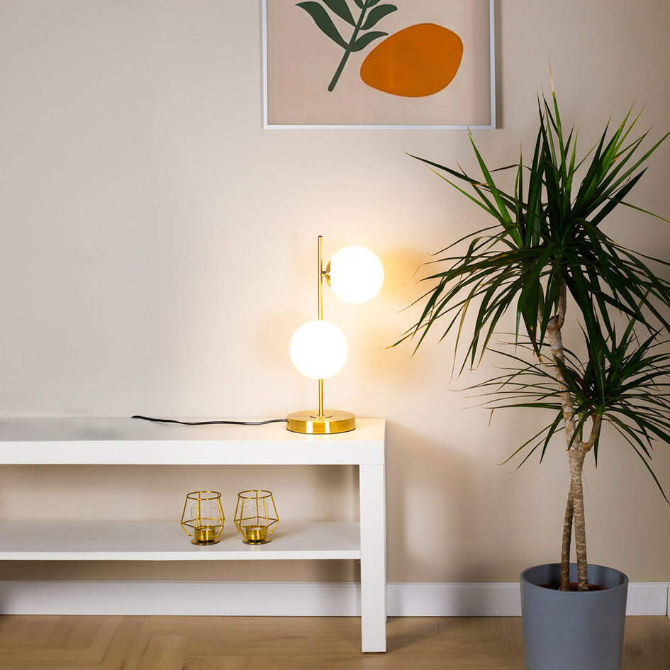 Bordslampa Ethan med två lampor - brons med mjölkvitt glas