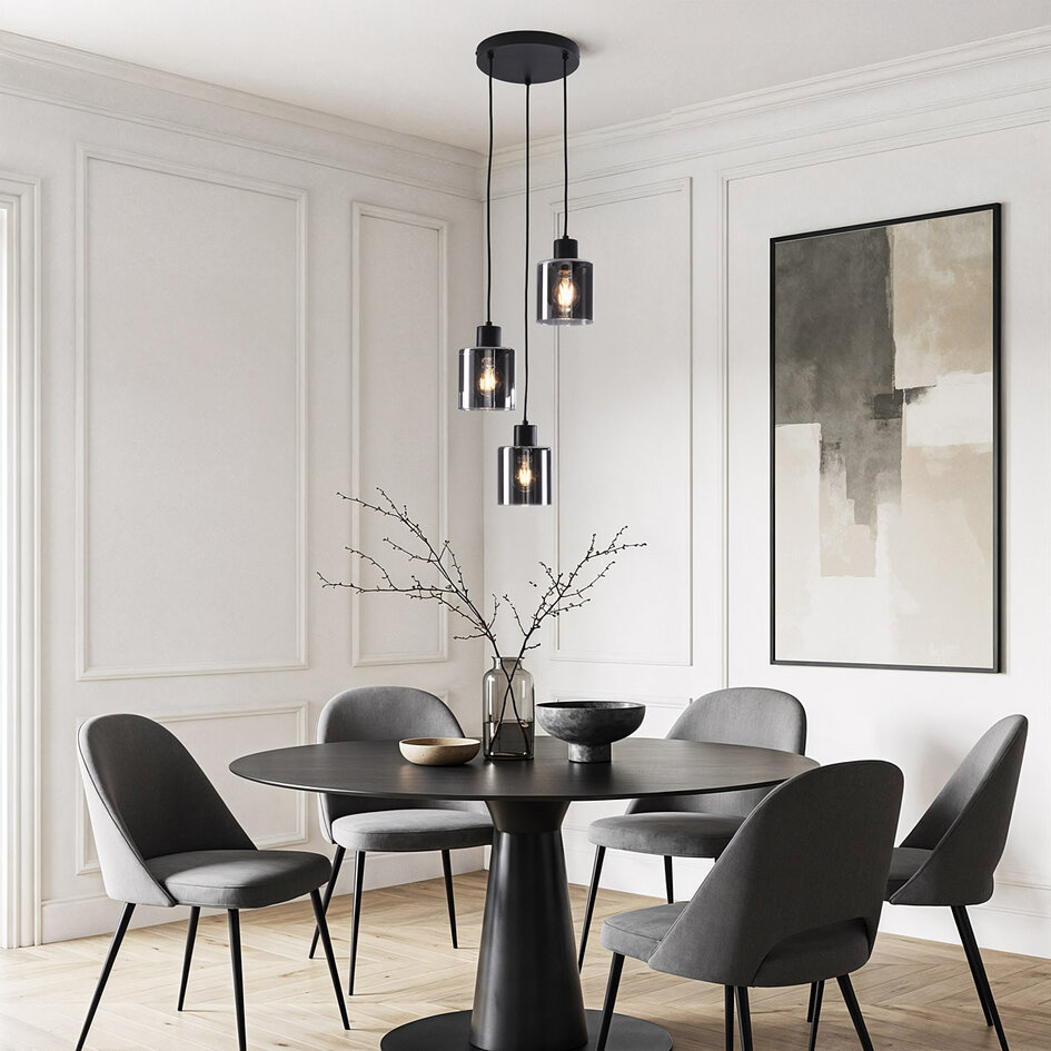 Pendellampa Leana med tre lampor - rökfärgat glas med toning och svart