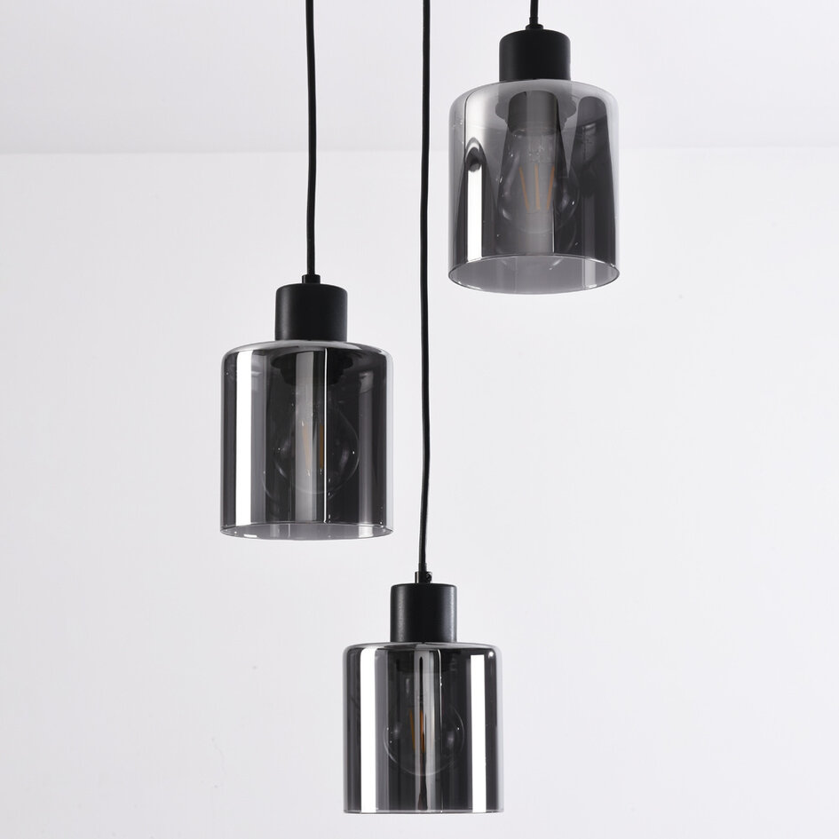 Pendellampa Leana med tre lampor - rökfärgat glas med toning och svart