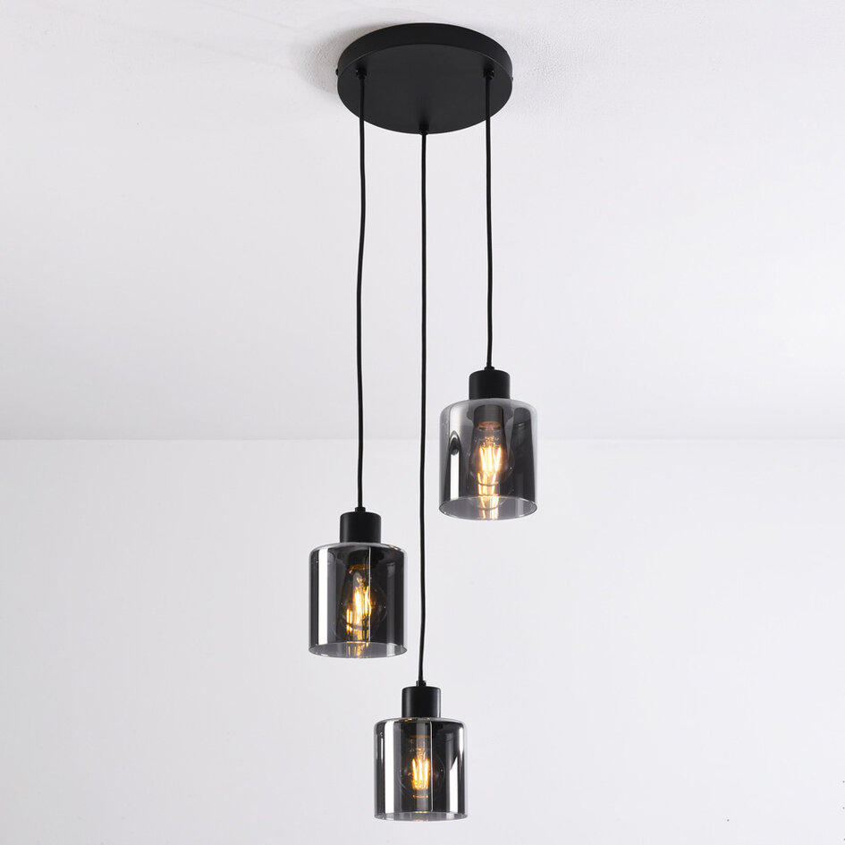Pendellampa Leana med tre lampor - rökfärgat glas med toning och svart