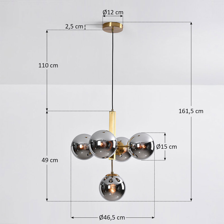 Pendellampa Kenji med fem lampor - rökfärgat glas med spegeleffekt och guld