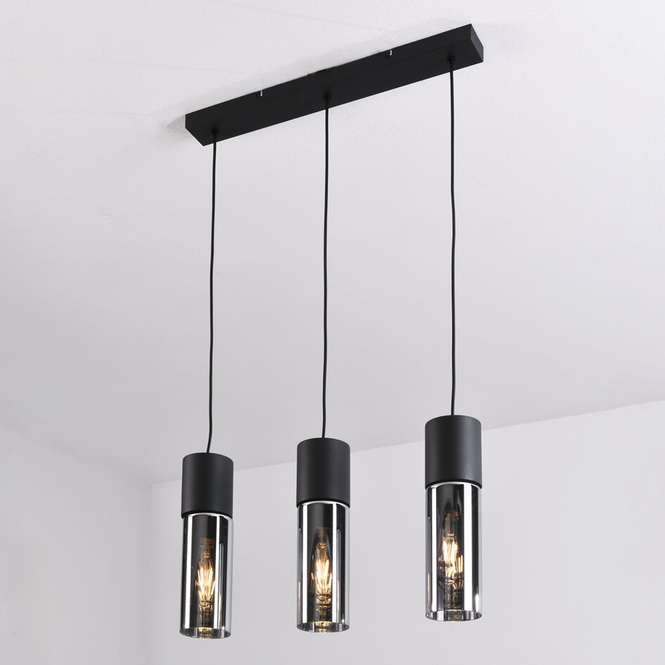 Pendellampa Esila med tre lampor - rökfärgat glas och svart, avlång