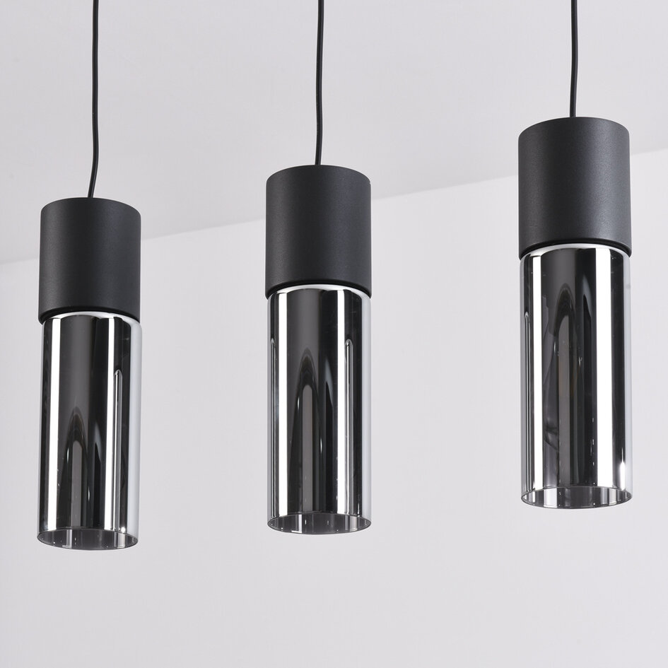 Pendellampa Esila med tre lampor - rökfärgat glas och svart, avlång
