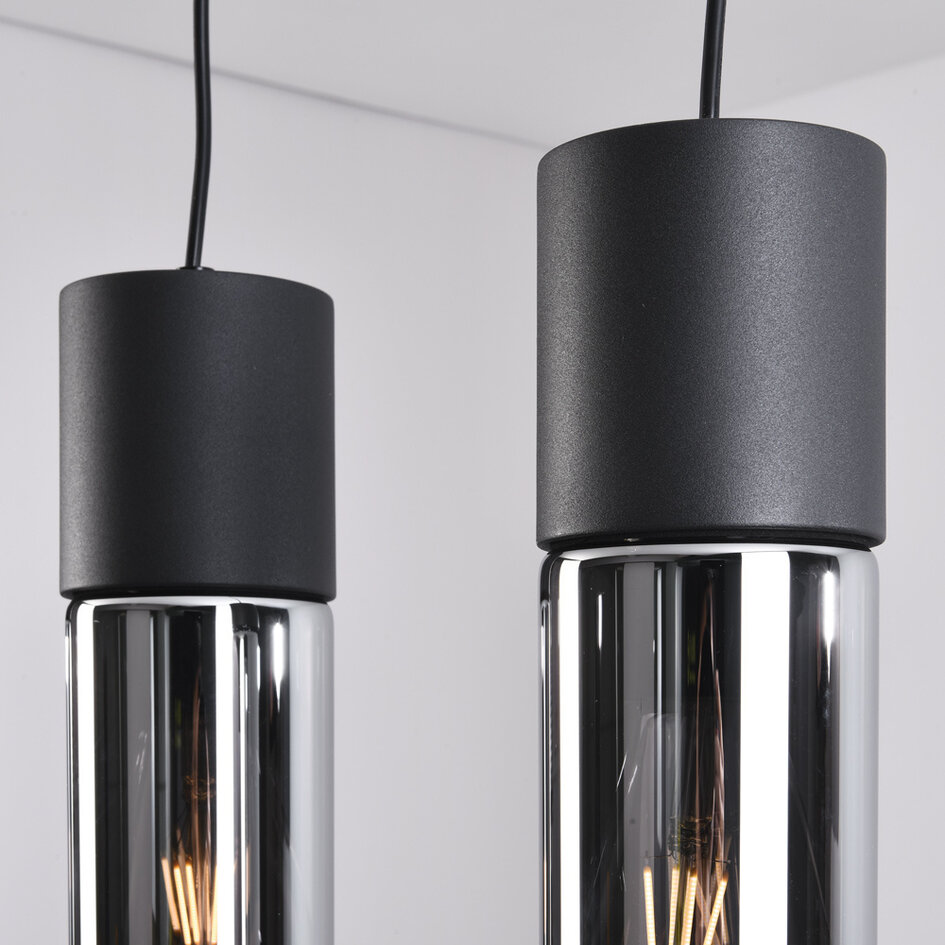 Pendellampa Esila med tre lampor - rökfärgat glas och svart, avlång