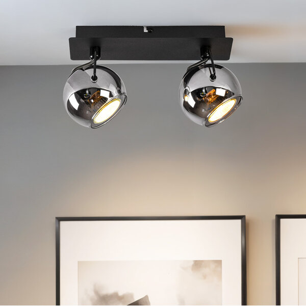 Modern taklampa med rökfärgat glas och 2 spotlights, svart - Jari