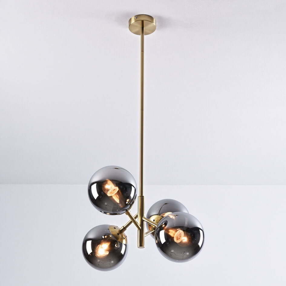 Pendellampa Florence med fyra lampor - rökfärgat glas med spegeleffekt och guld