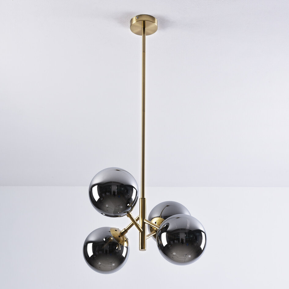 Pendellampa Florence med fyra lampor - rökfärgat glas med spegeleffekt och guld