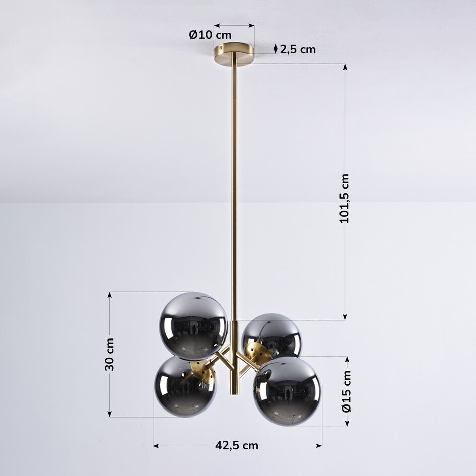 Pendellampa Florence med fyra lampor - rökfärgat glas med spegeleffekt och guld