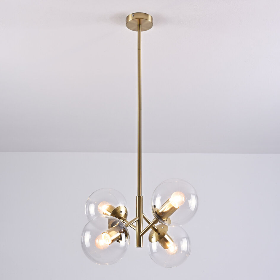 Pendellampa Florence med fyra lampor - transparent glas och guld