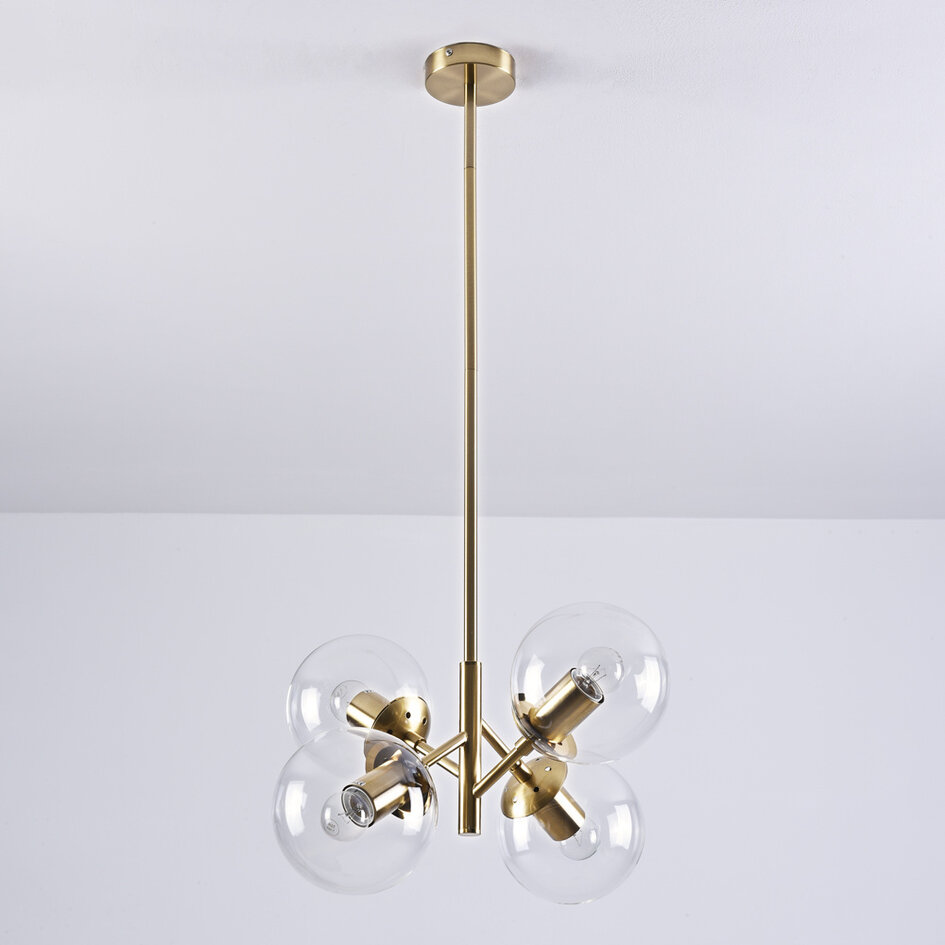 Pendellampa Florence med fyra lampor - transparent glas och guld