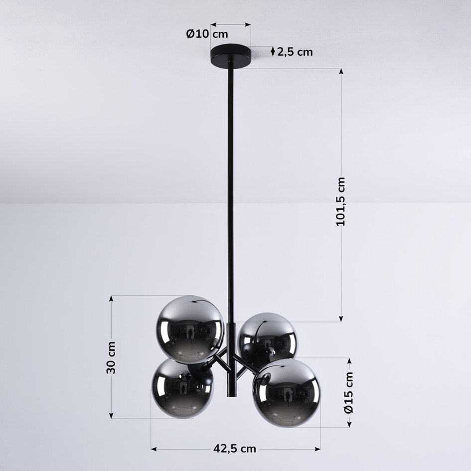 Pendellampa Florence med fyra lampor - rökfärgat glas med spegeleffekt och svart