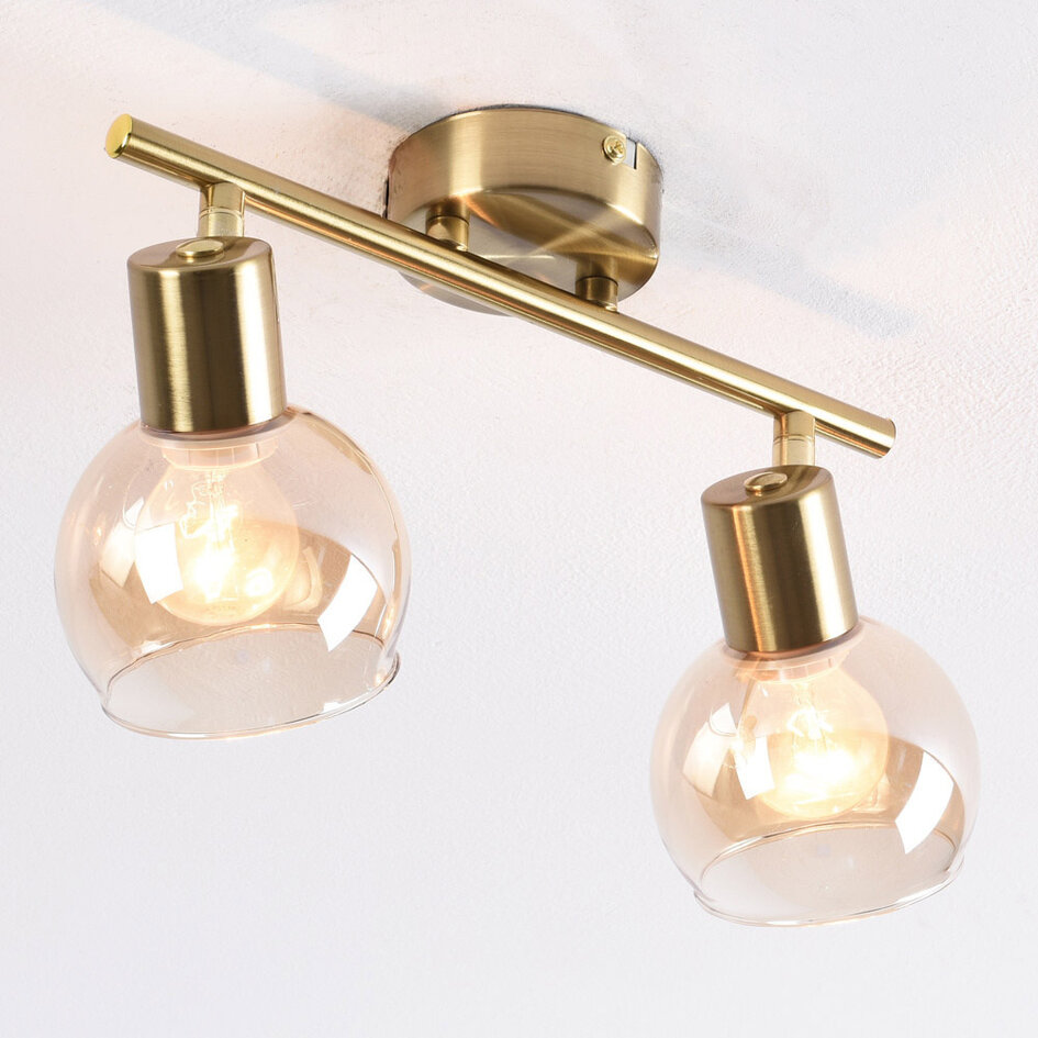 Takspotlight Phiene med två lampor - amberfärgat glas och gyllene mässing