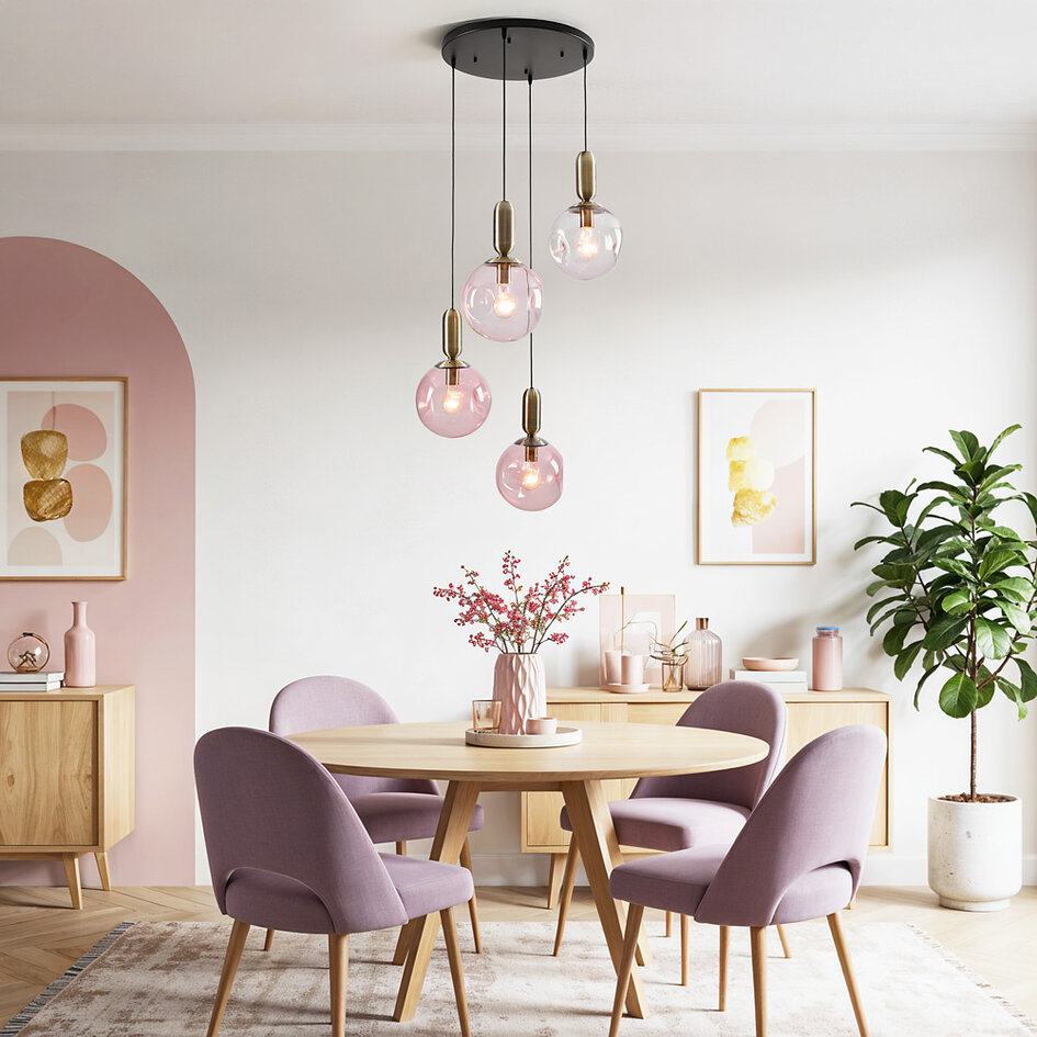Pendellampa Kevin med fyra lampor - rosa vågigt glas