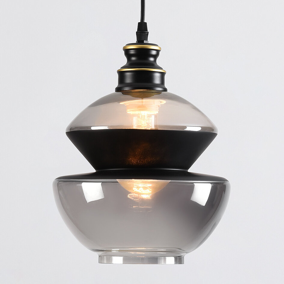 Pendellampa Sofie - rökfärgat glas, rund art déco-kula