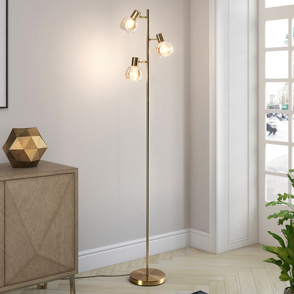 Golvlampa Pieta med tre lampor och amberfärgat glas - vridbar