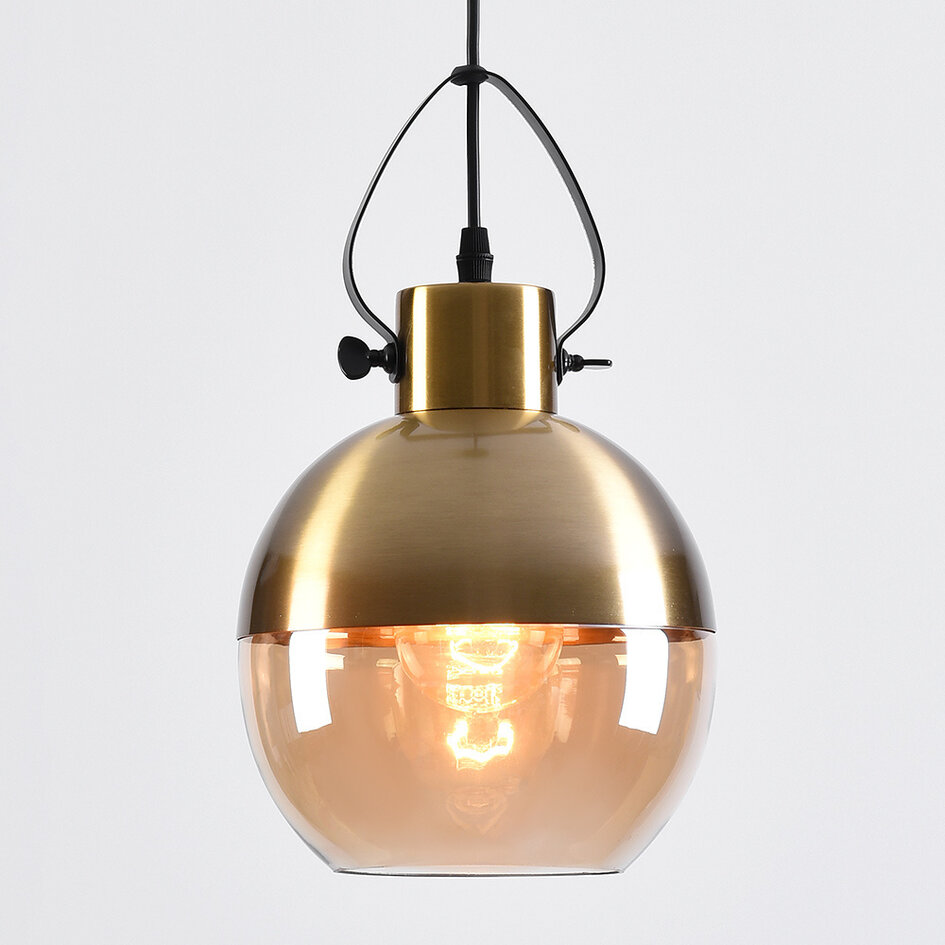 Pendellampa Laure - amberfärgat glas, klotformad art déco