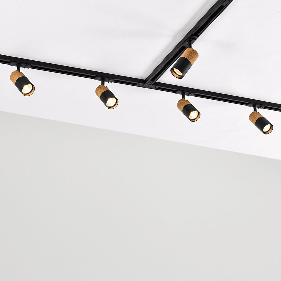 Set med 1-fas skensystem på 3 meter och Linn-spotlights, svart med mahognyträutseende