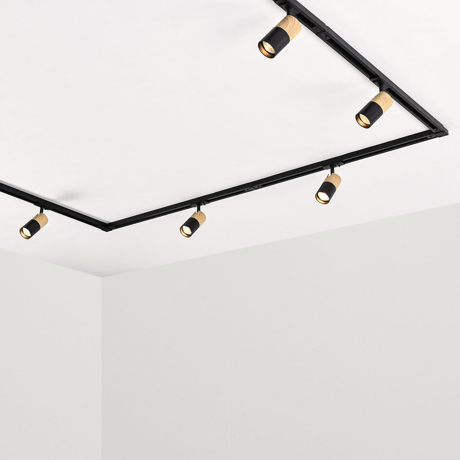 Set med 1-fas skensystem på 3 meter och Linn-spotlights, svart med ekträutseende