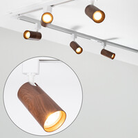 Set med 1-fas skensystem på 3 meter och Loek-spotlights med valnötsträutseende