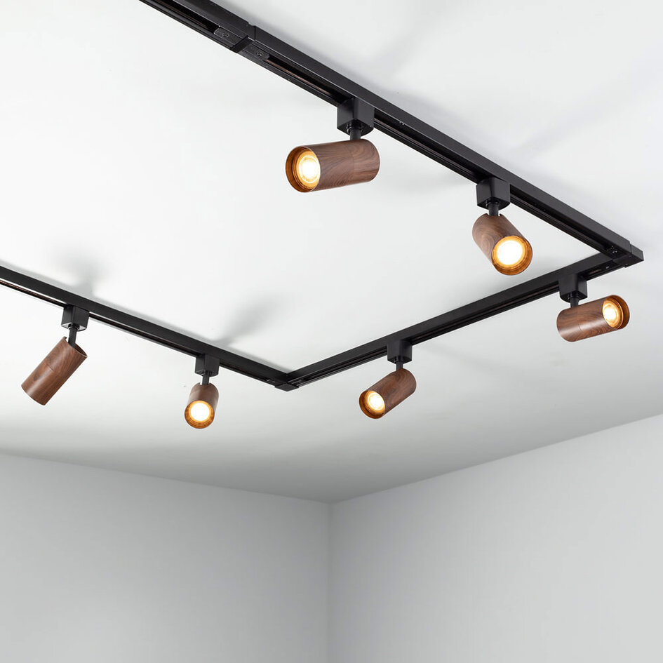 Set med 1-fas skensystem på 1,5 meter och Loek-spotlights, svart valnötsträutseende