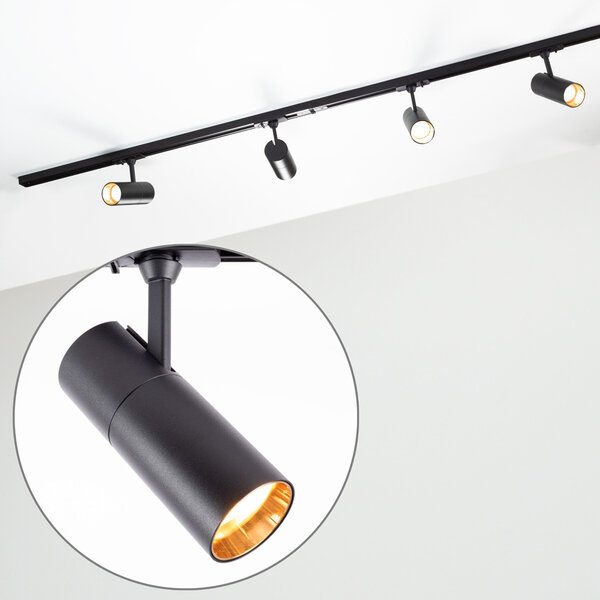 Set med 1-fas skensystem på 1,5 meter och Liam-spotlights, svart och guld