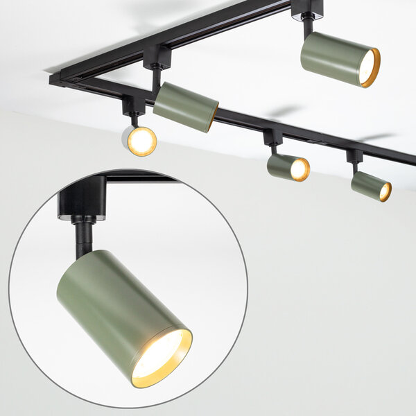 Set med 1-fas skensystem på 3 meter och Romain-spotlights, grågrön