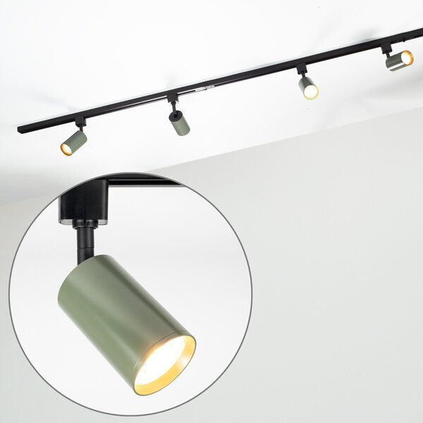 Set med 1-fas skensystem på 1,5 meter och Romain-spotlights, grågrön
