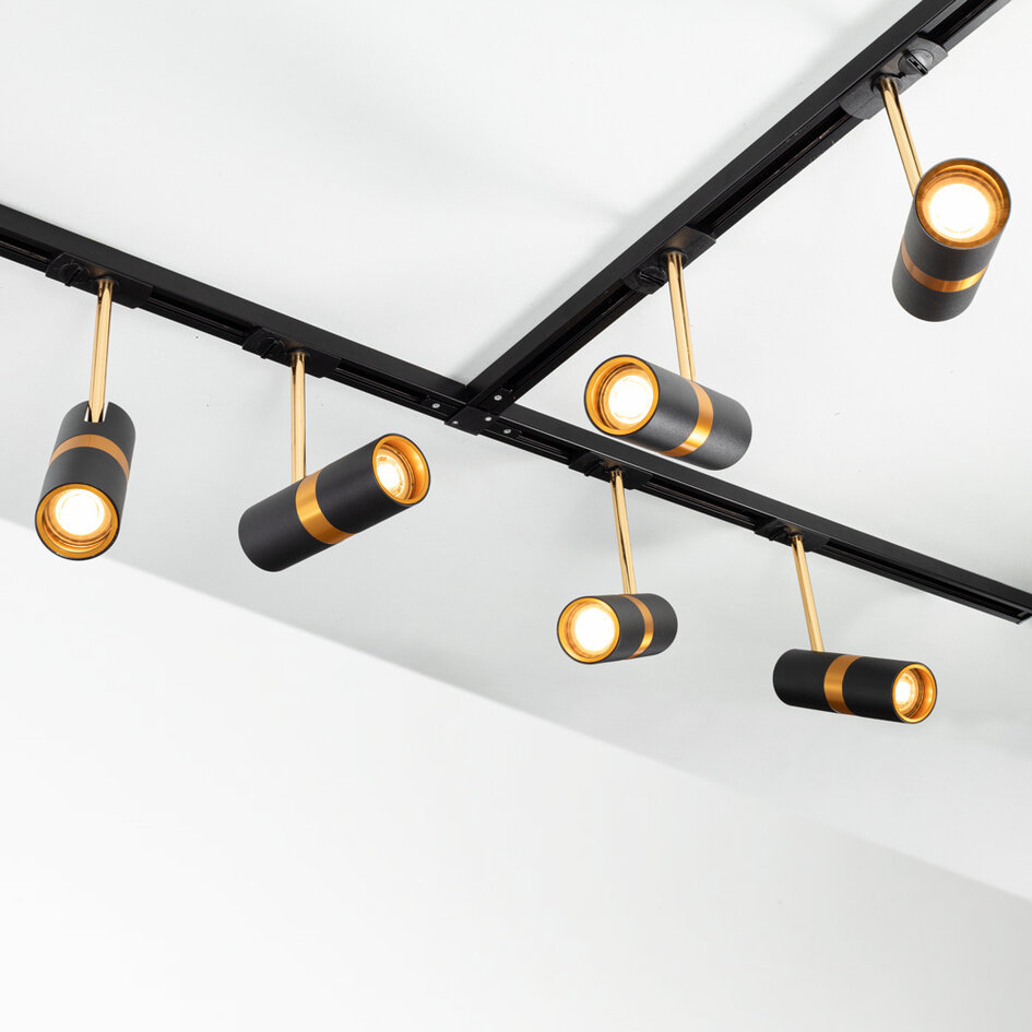 Set med 1-fas skensystem på 3 meter och Timeo-spotlights, svart och guld