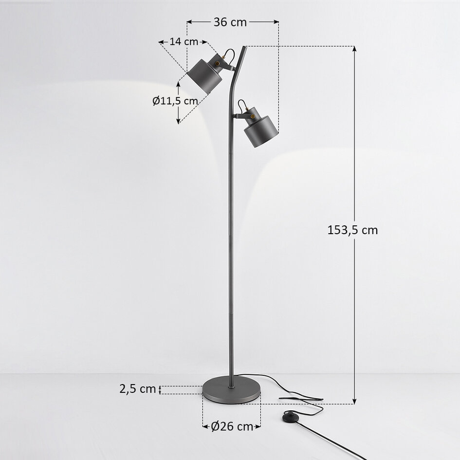 Golvlampa William med två lampor i grått med vinkelbara spotlights