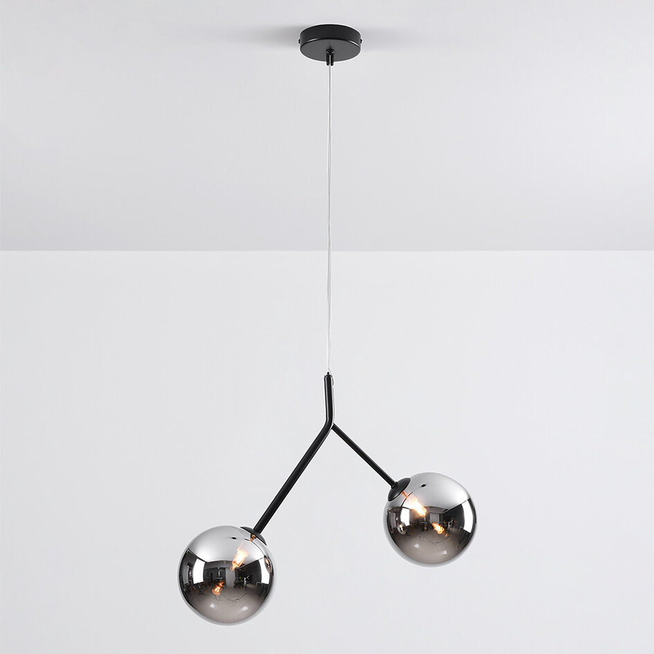 Asymmetrisk pendellampa Dexter med två lampor - rökfärgat glas med spegeleffekt i svart