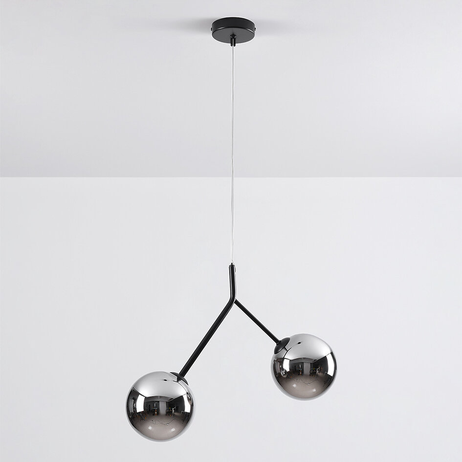 Asymmetrisk pendellampa Dexter med två lampor - rökfärgat glas med spegeleffekt i svart