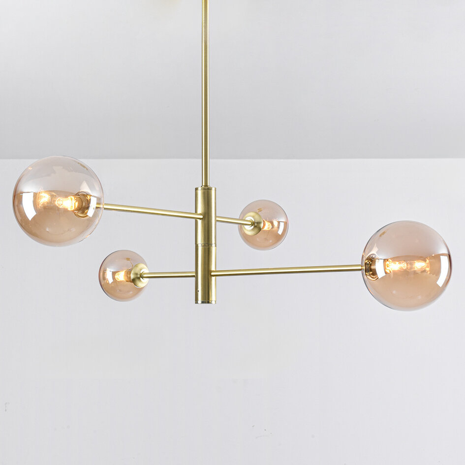 Taklampa Stiri med fyra lampor - amberfärgat glas i guld