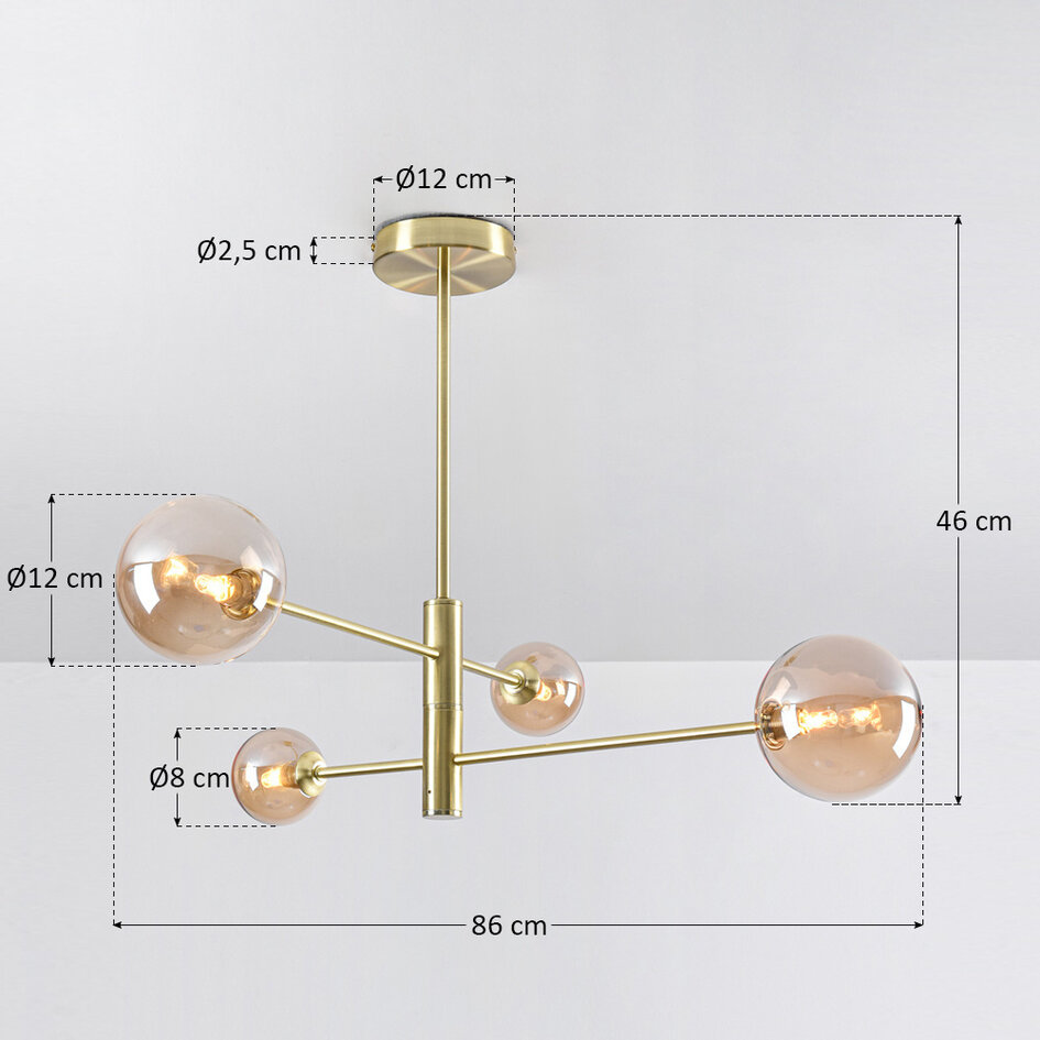 Taklampa Stiri med fyra lampor - amberfärgat glas i guld
