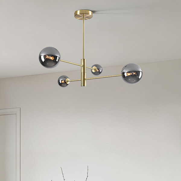 Plafondlampa Stiri 4-ljus guld med rökfärgat glas