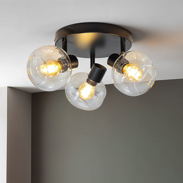 Rund taklampa svart med transparent glas, 3-ljus - Jenthe